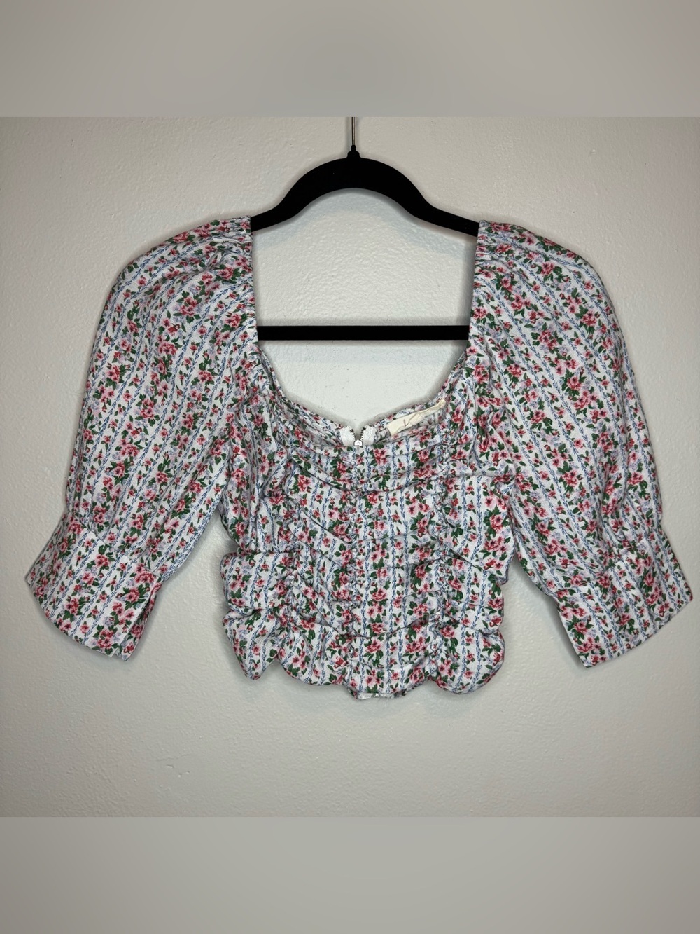 Fanco Floral Ruched Crop Top Puff Sleeve Blouse Ditzy Top